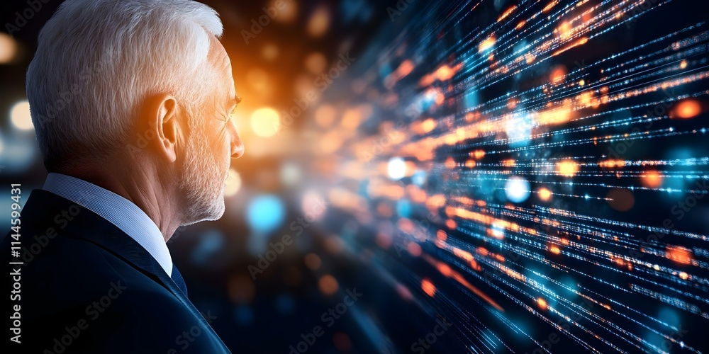 Poster a person in a suit looks towards a digital network of glowing lines and dots, suggesting a theme of 