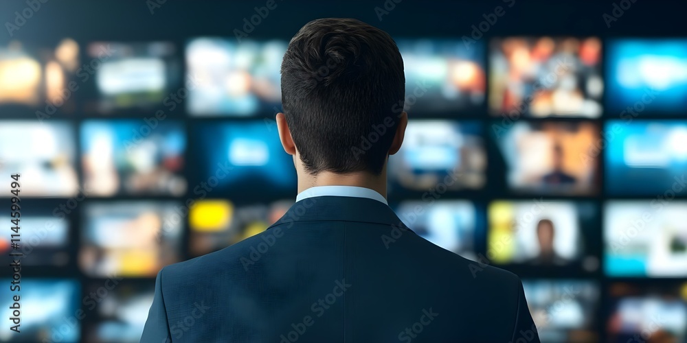 Poster a person in a suit is standing with their back facing a wall of screens displaying various images an