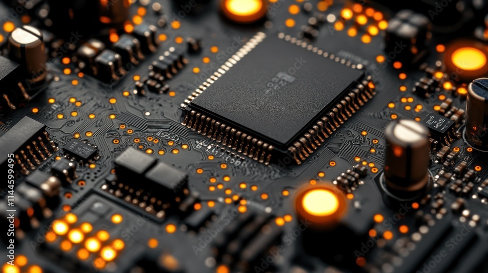 Aufkleber close-up of a circuit board with glowing components.