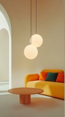 Minimalist Living Room Design  Yellow Sofa  Wooden Coffee Table  Modern Lamps