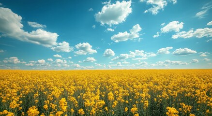 Fototapeta premium Vibrant yellow flower field under a bright blue sky with fluffy white clouds during midday sunlight