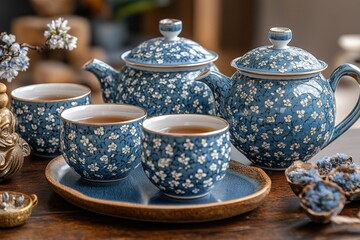 A beautiful tea set with floral patterns, ideal for serving tea.