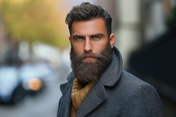 Fototapeta premium Bold, bearded man poses confidently amidst city streets on a bright autumn day