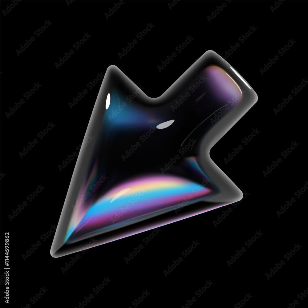 Poster 3d glass arrow icon with holographic reflections, glossy transparent surface, light dispersion. isol