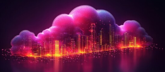 Fototapeta premium A vibrant, surreal cityscape emerging from a colorful cloud, blending urban and dreamlike elements.