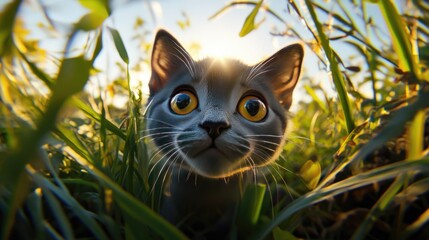 Close-up of a cat's face on the grass. Selective focus.