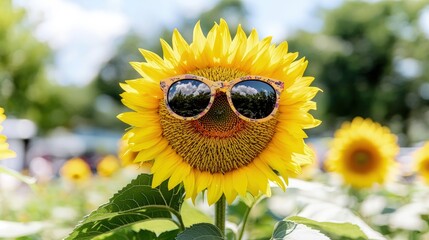 Happy sunflower wearing sunglasses in a field.