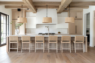 natural fiber decor, combining fiber and linen elements creates a rustic yet elegant kitchen with woven bar stools for a touch of sophistication