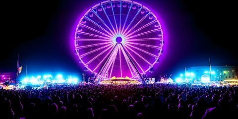 A vibrant night scene featuring a large illuminated Ferris wheel amidst a crowd, with colorful lights creating a festive atmosphere. Concept Ferris Wheel Spectacle, Nighttime Vibrance