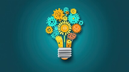 Innovation concept: A light bulb with gears and cogs inside, symbolizing creative thinking, brainstorming, and technological solutions. Vector illustration of inspired ideas and business innovation.