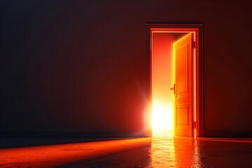 Old Dimly Lit Room With Open Door Emanating Bright Golden Light, Light Through an Open Door in a Dark Room, Image of an open door emitting a bright, glowing light into a dark room.