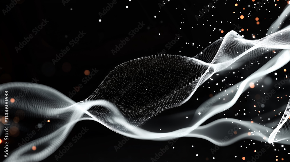 Poster flowing white particles create a mesmerizing abstract pattern against a black background, evoking a 