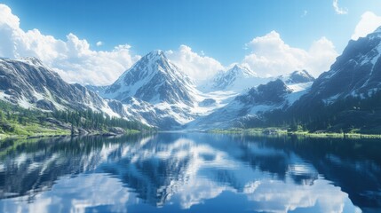 Majestic snow-capped peaks reflected perfectly in a calm waterbody, beneath a deep azure sky with soft wisps of clouds.
