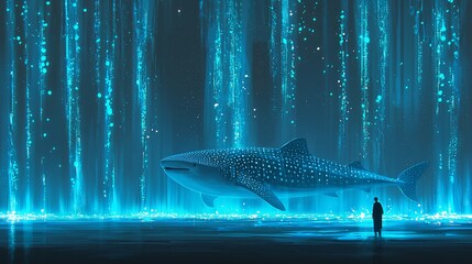 Person observing a whale shark in a surreal, glowing blue digital environment.