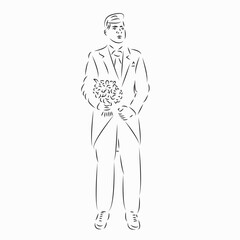 One continuous single drawing line art flat doodle man, flower, gift, celebration, romantic. Isolated image hand draw contour on a white background
