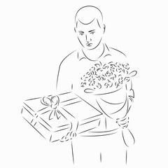 One continuous single drawing line art flat doodle man, flower, gift, celebration, romantic. Isolated image hand draw contour on a white background
