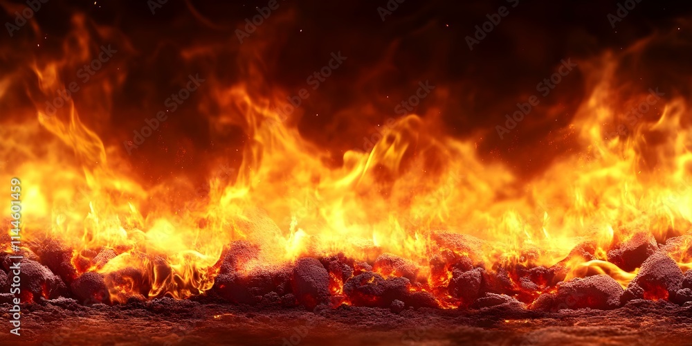 Poster a vibrant display of flames and glowing embers, creating a fiery scene with intense colors and movem