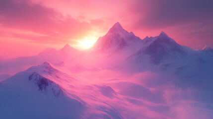 Fototapeta premium Pink sunset over snow-capped mountains. Serene winter landscape bathed in warm light.