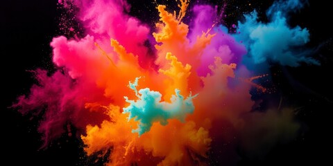 Vibrant explosion of colored powder on dark backdrop for dynamic, dramatic effect, motion, dark background