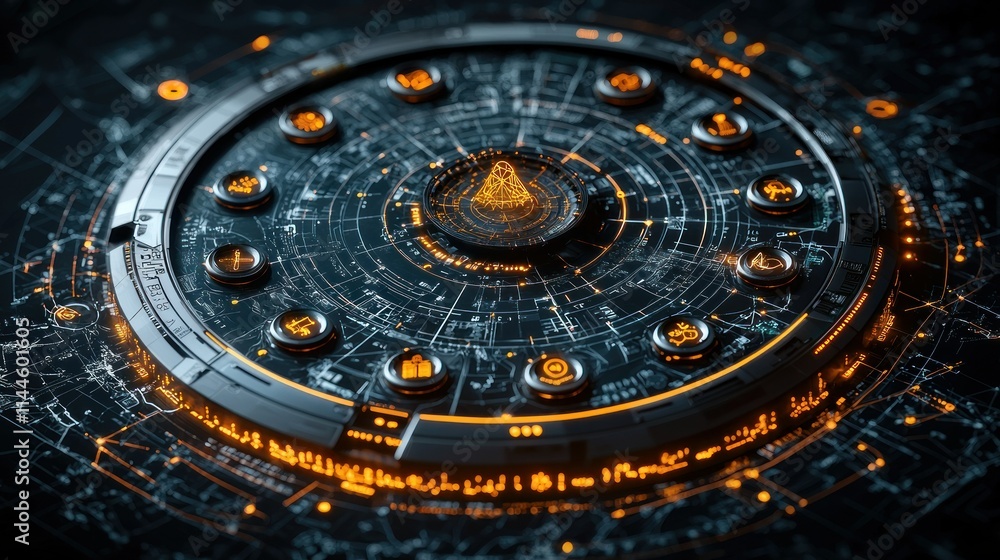 Poster futuristic interface with circular design and glowing elements.