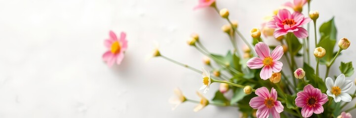 Obraz premium Vibrant spring flowers blooming on a textured paper background, bloom, background