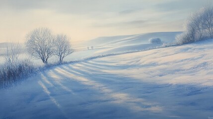 Obraz premium A serene winter landscape with soft snow, gentle hills, and bare trees under a pastel sky.