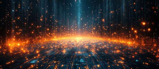 A digital landscape featuring glowing particles and a futuristic atmosphere.