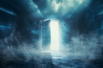 Old Dimly Lit Room With Open Door Emanating Bright Golden Light, Light Through an Open Door in a Dark Room, Image of an open door emitting a bright, glowing light into a dark room.