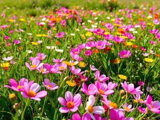 Fototapeta premium Vibrant yellow daffodil flowers blooming in a lush green field under clear blue sky, beauty, vibrant