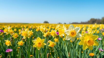 Obraz premium Vibrant yellow daffodil flowers bloom in a vast field under clear blue skies, flowers, beautiful, seasonal