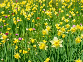 Vibrant yellow daffodil flowers blooming in a lush green field under the sun, landscape, flora