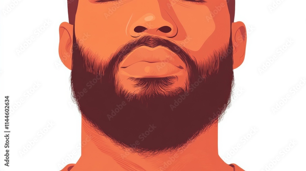 Poster illustrative portrait of a confident man with a beard, showcasing strong facial features in a minima