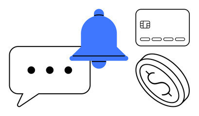 Notification bell in blue with chat bubble, credit card, and coin symbol. Ideal for banking, finance, mobile alerts, notifications, messaging apps online payments and customer service themes. Line