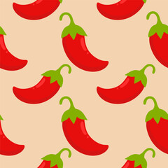 Chilli seamless pattern on color background. Red hot chili peppers natural organic food