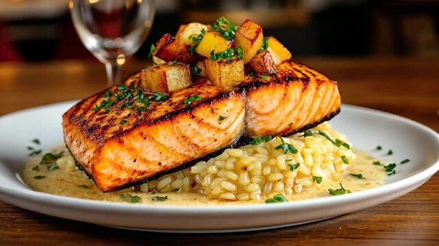 A fine dining menu offers pan-seared salmon with a saffron risotto, showcasing the chef expertise in flavor pairing.
