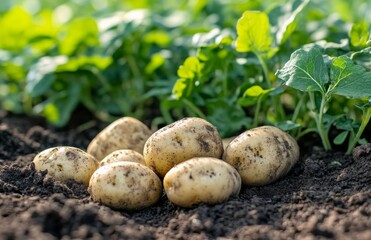 Freshly harvested potatoes nestled in rich soil among vibrant green spinach leaves in a sunny garden setting