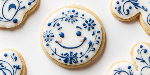 Obraz premium A festive gingerbread-shaped cookie with intricate blue floral patterns and simple blue icing details