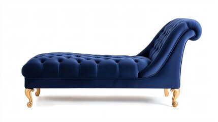 A luxurious blue chaise lounge with elegant tufting and gold legs, showcasing classic design and comfort.