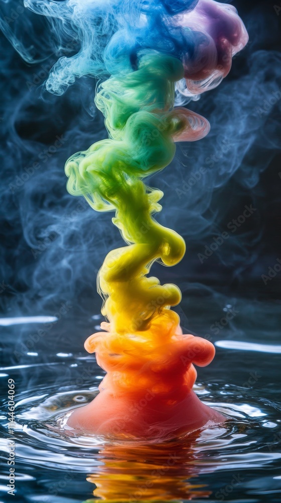 Poster captivating visual of rainbow-colored ink dispersing in water, creating an ethereal, smoky effect wi