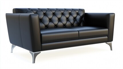 A stylish black leather sofa with tufted detailing and sleek chrome legs, perfect for modern living spaces.