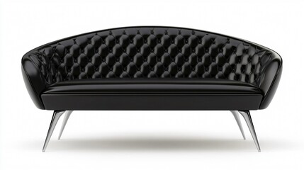 A sleek black tufted sofa with a curved silhouette and metal legs, combining modern elegance and comfort.