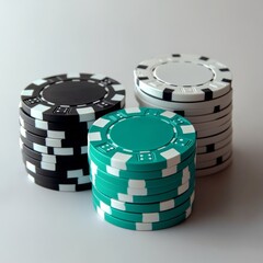 Stacks of colorful poker chips arranged neatly on a clean surface for a game night or casino themed event in a