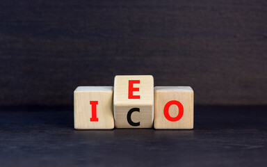 Initial coin or exchange offering symbol. Concept words abbreviation ICO or IEO on wooden block....