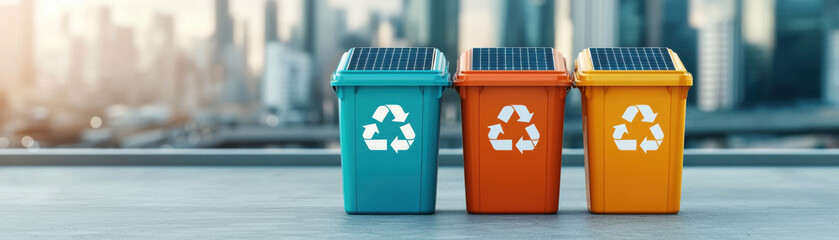 Solar powered recycling bins on rooftop with futuristic urban skyline