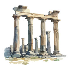 Ruins of columns, remains of ancient building, watercolor illustration