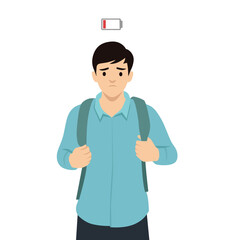 Young exhausted College Student thinking about charging. Flat vector illustration isolated on white background