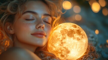Naklejka premium A serene woman embraces a glowing moon, evoking a dreamy, mystical atmosphere.