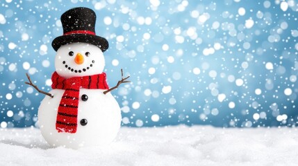 Fototapeta premium Cheerful Snowman with Red Scarf and Black Hat in Winter Snow