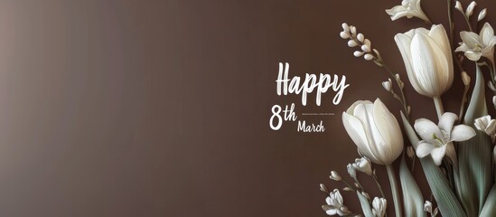 Minimalist 8th March greeting card design featuring chocolate brown background, elegant white typography spells Happy 8th March