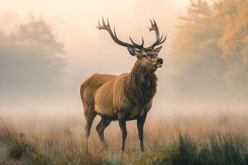 Majestic Stag in Misty Landscape at Dawn
